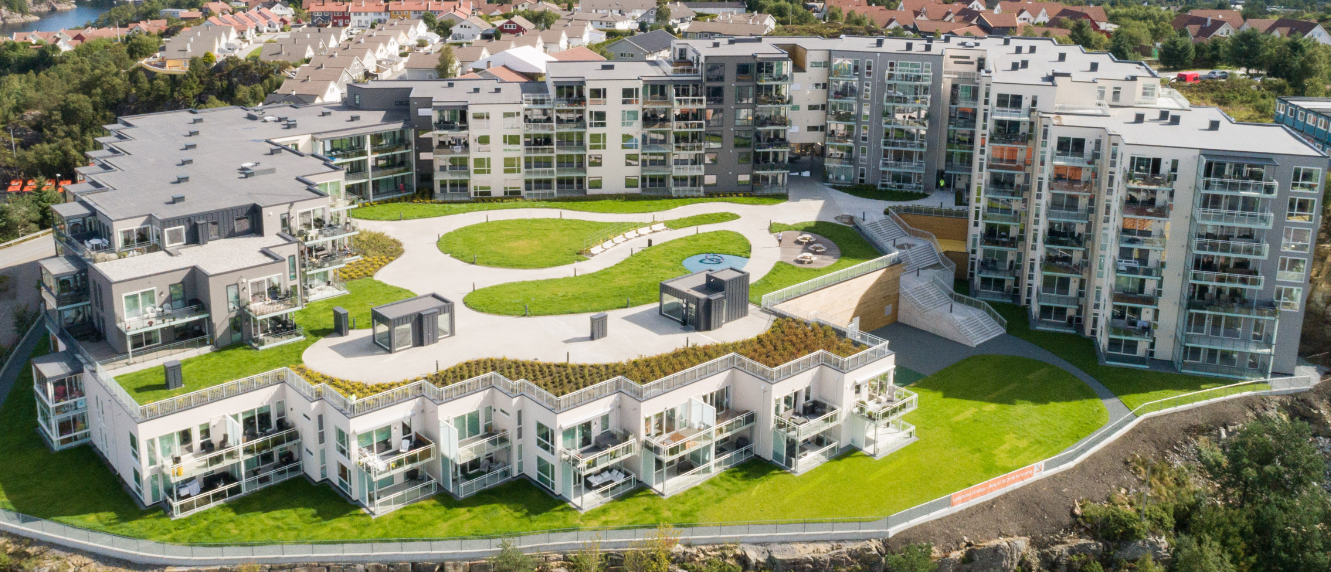 Oversiktsbilde av boligbygg og sameie